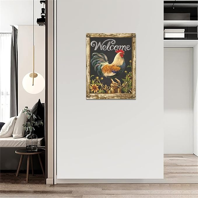 yerretin Farmhouse Rooster Wall Art Rustic Farm Chicken Pictures Wall Decor Country Canvas Painting Modern Artwork Home for Kitchen Bathroom Living Room Bedroom Office Framed 12"x16"