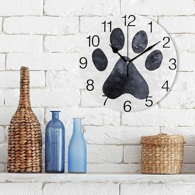senya Black Dog Paw Print Design Round Wall Clock, Silent Non Ticking Oil Painting Decorative for Home Office School Clock Art