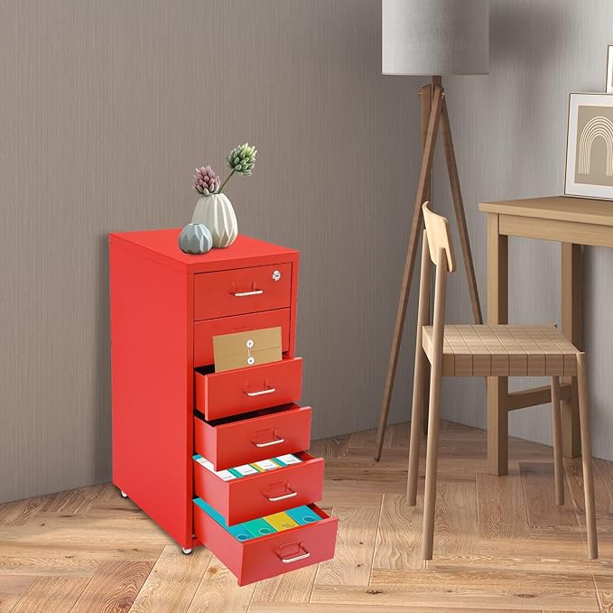 6-Drawer Metal File Cabinet, Mobile File Cabinet with Lock, Rolling Vertical Filing Drawers Under Desk for Home Office, 11 * 16 * 27in (Red)