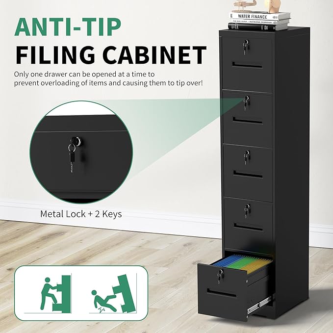 File Cabinet 5 Drawer with Lock, Vertical Filing Cabinets for Home Office, Metal Steel Storage Cabinet for Letter/Legal Size File, Assembly Required(Black)