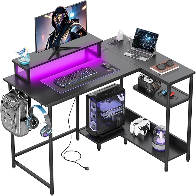 DEVAISE 43 Inch L Shaped Gaming Desk with LED Lights & Power Outlets, Corner Desk for Small Spaces, Sturdy PC Computer Table with Storage for Home Office, Black