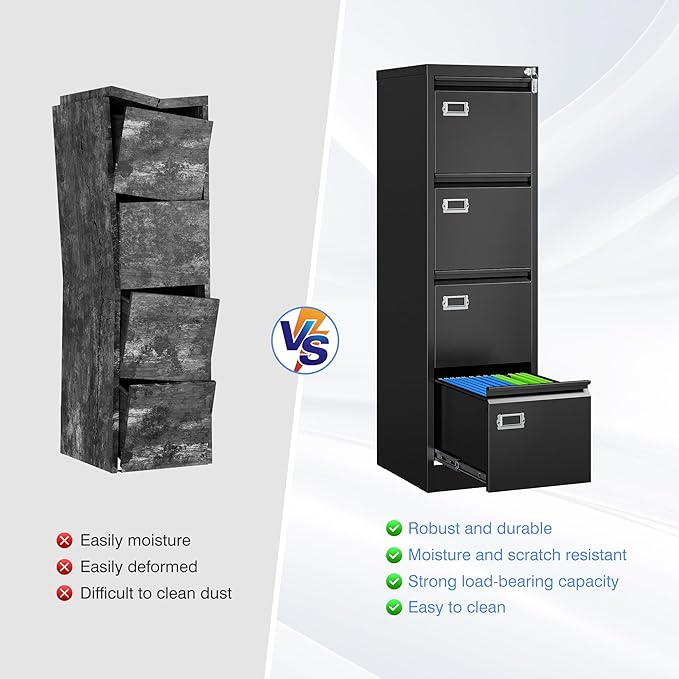 Yizosh 4 Drawer Black File Cabinet with Lock, Filing Cabinets for Home Office, Metal Locking Office File Storage Cabinets with Drawers, Vertical Small Filing Cabinet Organizer for Legal/A4