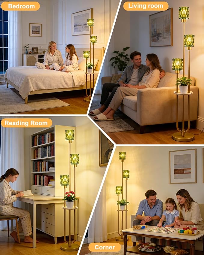 3-Light Modern Glass Floor Lamp with Shelf, Gold Tall Standing Lamp with Green Flower Glass Shade, Industrial LED Floor Lamp with Foot Switch for Living Room Bedroom Home Decor, Bulb Included