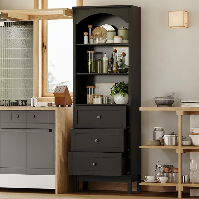 71" H Tall Bookshelf with Drawers, Farmhouse Book Shelf with 3-Tier Open Shelves, Wooden Bookcase with Storage Drawers, Freestanding Bookshelves for Bedroom, Living Room, Black