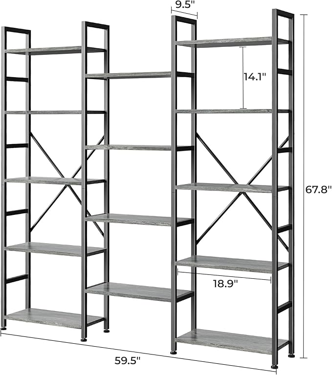 SUPERJARE Triple Bookshelf, Bookcase with 14 Open Display Shelves, Wide Book Shelf Book Case for Home & Office, 5 Tier, Grey