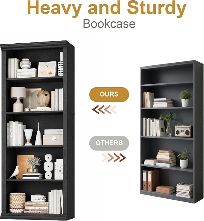 Rresyet 5 Tier Bookshelf and Bookcase, Tall Modern Bookcase with Storage Shelves, Sturdy Open Display Shelf for Living Room, Bedroom, Home Office, Dining Room Decor, Black