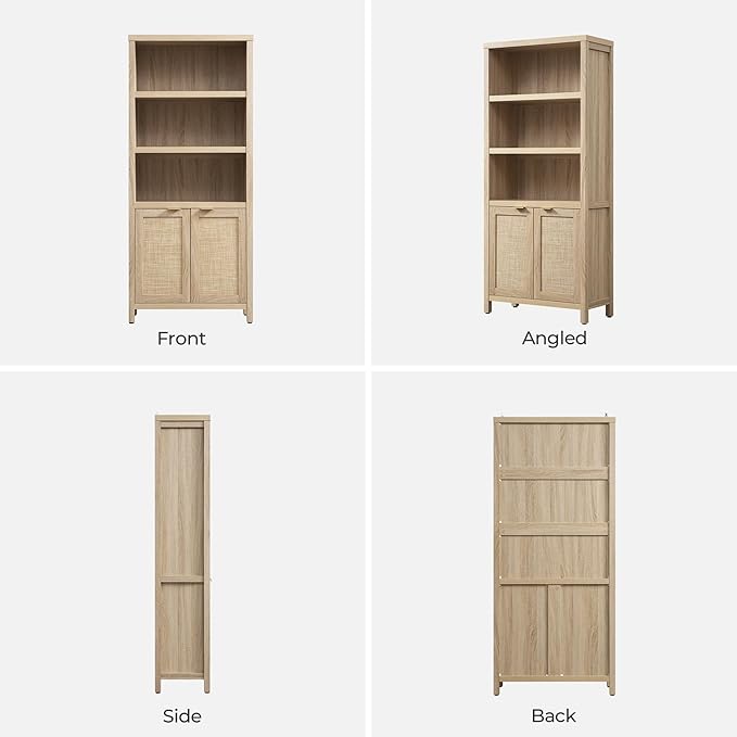 SICOTAS Bookcase 71" Tall Bookshelf 5 Tier Rattan Boho Bookcase with Doors Storage Large Book Case Shelf Farmhouse Bookshelves Library Book Shelves for Living Room Bedroom Home Office Kitchen