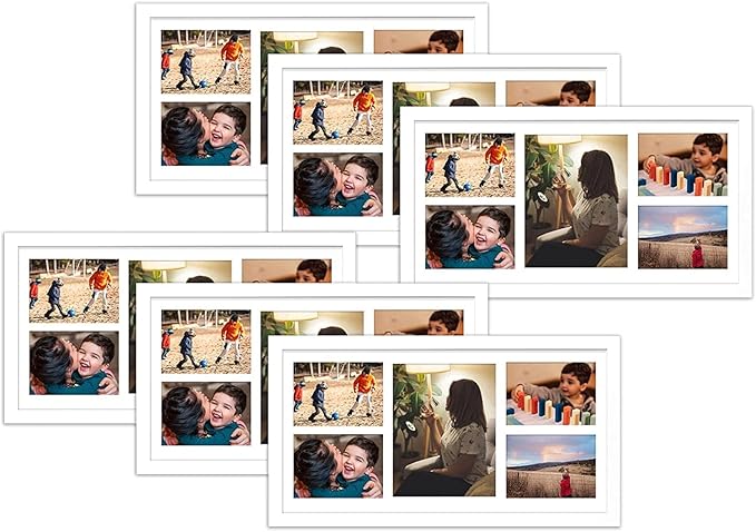 Golden State Art, Set of 6, 12x24 White Wood Picture Frame - White Mat for 8x10 And 5x7 Photos - Tempered Glass, Sawtooth Hanger, Swivel Tabs - Wall Mounting - Great for Gift