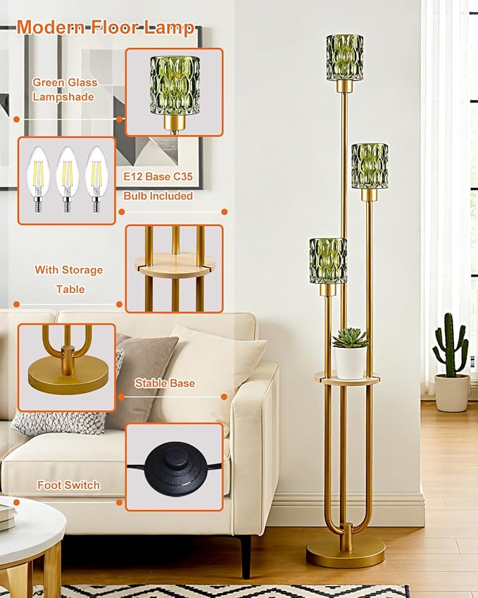 Lightdot 3-Lights Glass Floor Lamp for Living Room Modern Gold Floor Lamps with Green Glass Shade for Wedding/Party Farmhouse Tall Standing Lamp for Bedroom/Sofa Beside/Corner Decor