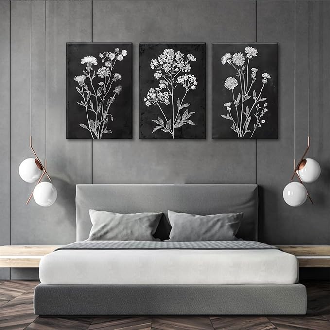 KISSFOX Floral Botanical Canvas Wall Art Vintage Black Background Plant Poster Prints Set of 3 Framed Grey and White Wildflower Painting Modern Farmhouse Decor Pictures Living Room Bathroom Bedroom(Black Floral, 12"x16" Canvas)