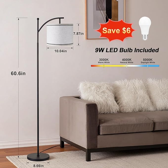 Ambimall 60" Floor Lamps for Living Room with 3 Color Temperatures, Beige Lampshade with Black Stripes, Tall Lamps for Living Room Bedroom Office, 9W Bulb Included