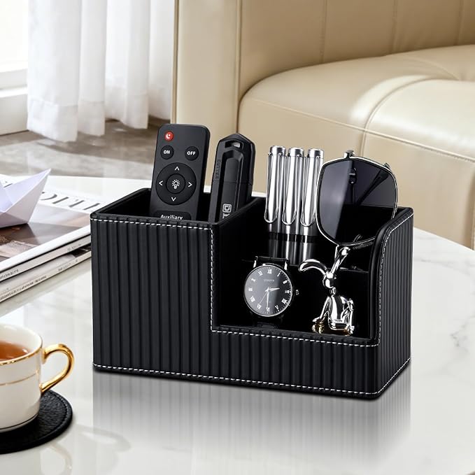 KINGFOM Desk Pen Organizer Office Supplies Caddy Pu Leather Multi-function Storage Box Pen/Pencil,Cell phone, Business Name Cards Remote Control Holder (Black)
