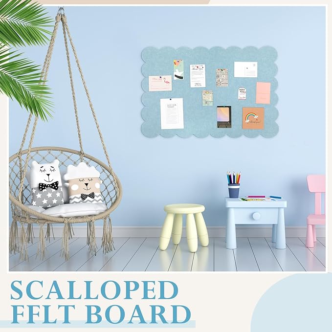Scalloped Felt Bulletin Board 24 x 18 Inches Foldable Light Blue Pin Cork Board Alternative for Wall, 2' x 1.5' Trifold Picture Vision Self Adhesive Bulletin Decorative