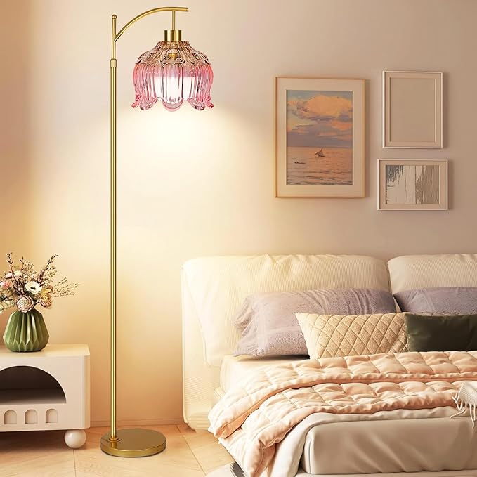 Pink Floor Lamp for Living Room,Bedroom,Gold Dimmable Standing Lamp with Remote,Mid Century Modern Brass Tall Lamp Boho Floor Lamps Arc Stained Glass Flower Floor Light Lamp Girls kids Bohemian