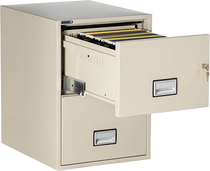 25 inch 2-Drawer Vertical Fireproof File Cabinet – Legal and Letter Size Filing – Key Lock – Water Resistant Seal – Fire and Impact Rated – Putty Finish – Model LGL2W25P