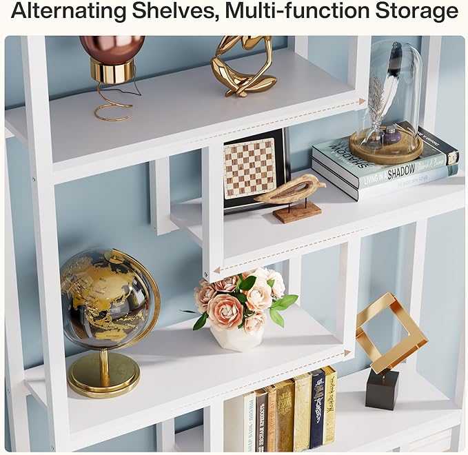 Tribesigns Way to Origin 6-Shelf Industrial Bookshelf, Modern Etagere Bookcase, 69 Inch Tall Storage Display Staggered Shelves with Sturdy Metal Frame for Home Office, White