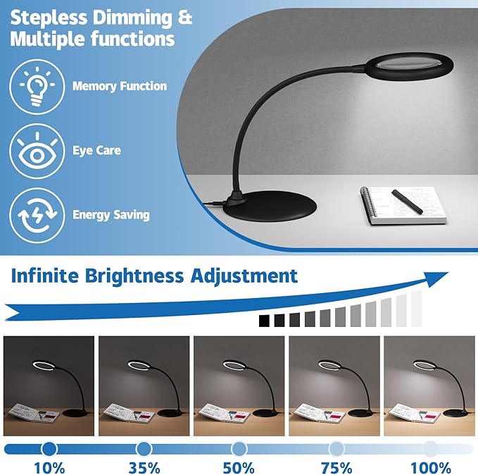 Magnifying Glass with Light and Stand, 5X Desk Magnifying Lamp, Table Magnifier Lamp for Senior Close Work Reading Crafts