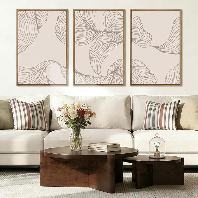 BINCUE Framed Neutral Beige Wall Art Modern Abstract Art Decor Minimalist Artwork for Living Room Bedroom Office 16x24 Inches Set of 3