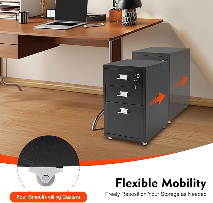 3-Drawer Metal File Cabinet, Mobile File Cabinet with Lock, Rolling Vertical Filing Drawers Under Desk for Home Office, 11 * 16 * 18.3in (Black)