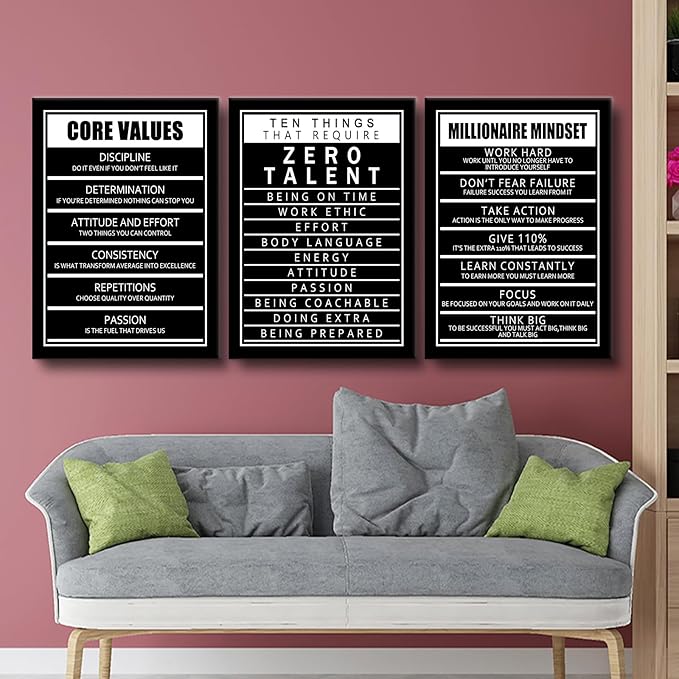 Inspirational Canvas Wall Art 3 Pieces Motivational Quote Picture Painting Ten Things That Require Zero Talent and Core Values Print Poster for Office Living Room Artwork Ready to Hang [60''Wx28''H]
