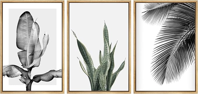 SIGNWIN Framed Canvas Print Wall Art Trio of Jungle Palms & Snake Succulents Floral Plants Photography Modern Art Minimalist Black and White for Living Room, Bedroom, Office - 24"x36"x3 Natural
