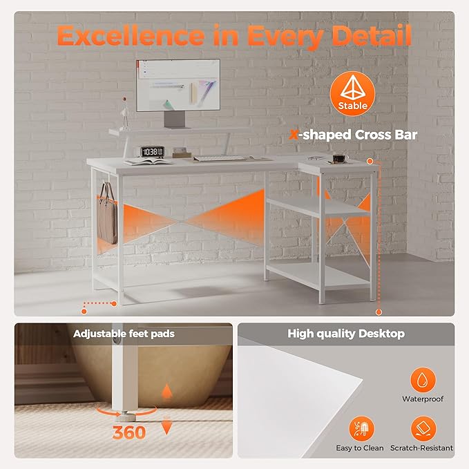 Mericonia Small L Shaped Computer Desk with Power Outlets, Reversible Gaming Desk with Storage Shelves & Monitor Stand, Corner Gamer Desk Table, Study Writing Table