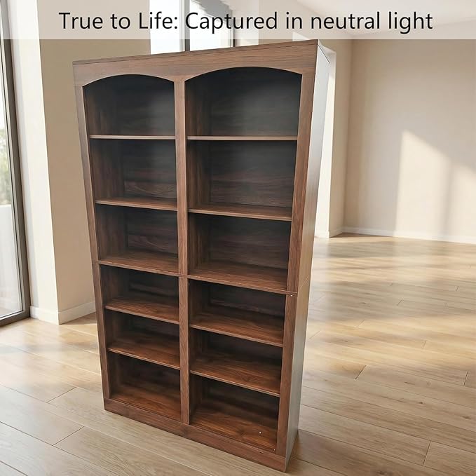 71" Tall Bookcase, Double Wide Rustic Brown Bookshelf with Arched Design, 12-Tier Open Wood Display Shelf Storage Organizer for Living Room, Home Office (41.6" W x 70.8" H)