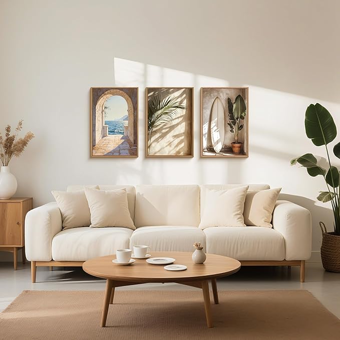 Ausril French Landscape Framed Canvas Wall Art Set, Ocean Coastal Style Wall Decor, Palm Tree Surfboard Wall Painting, Ocean Seascape Art Prints for Living Room, Bedroom, 24×36inches