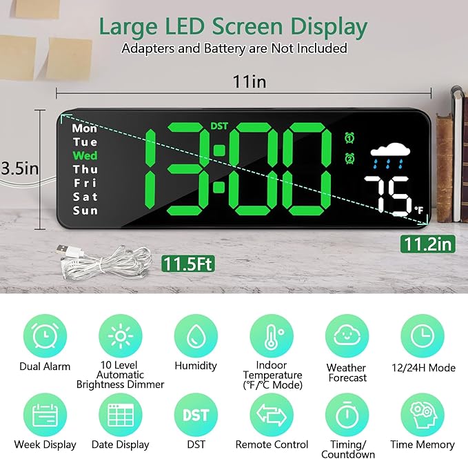 Digital Wall Clock with Remote Control, Large Display Plug in LED Digital Alarm Clocks with 12/24Hr, Date, Week, DST, Timing, Countdown, Temperature for Living Room, Bedroom, Office Wall Decor (Green)