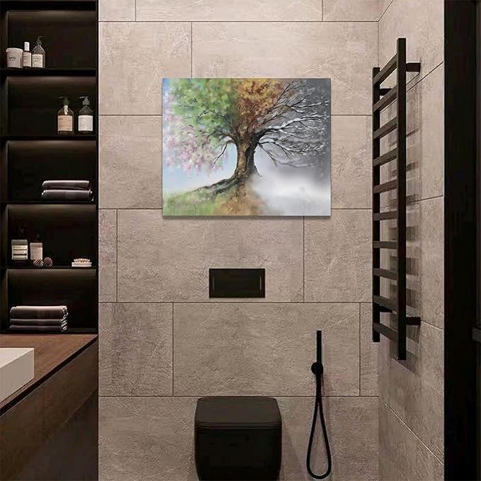 Tree of Life Wall Art Four Season Trees Pictures Decor Rustic Nature Canvas Country Painting Modern Artwork Home Decorations for Bathroom Living Room Bedroom Office Framed 20"x16"