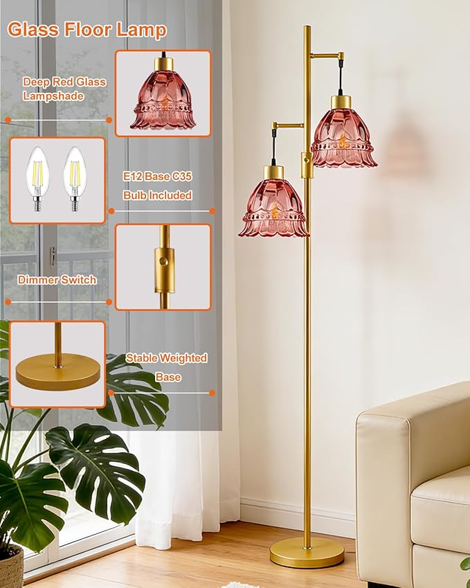 Lightdot 65IN Glass Floor Lamp for Living Room, 2- Light Gold Flower Floor Lamps with Rose Red Glass Lampshade,3000K Warm White Modern Standing Tall Lamp for Bedroom Corner Sofa Beside