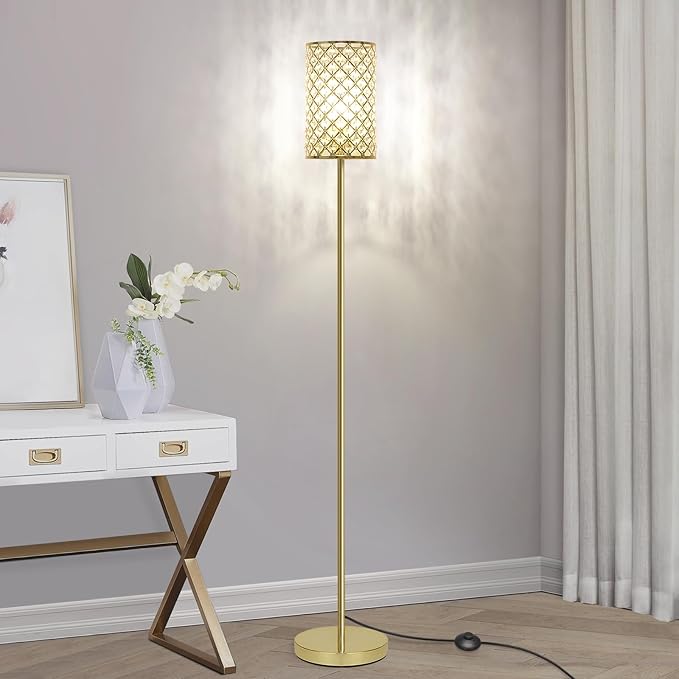 Gold Floor Lamp, Crystal Floor Lamp with Decorative Shade, Standing Lamp with On/Off Foot Switch & E26 Base, Modern Floor Lamps Corner Tall Pole Light for Living Room, Girls Bedroom, Dresser, Office