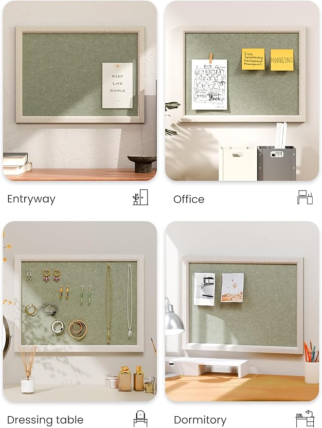 Fluxynara Felt Cork Board Alternative, Felt Bulletin Board 16" x 12" Oatmeal Frame with 8 Adhesive Tabs, Pin Board for Home Office, Classroom, Entryway, Kitchen Wall Decor—Sage