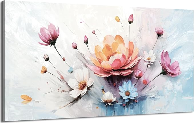 amatop Oversized Floral Canvas Wall Art, Large Modern Abstract Pink White Blue Botanical Print – Elegant Nature Wall Decor for Living Room, Bedroom, Office & Hallway (58x29 inch)