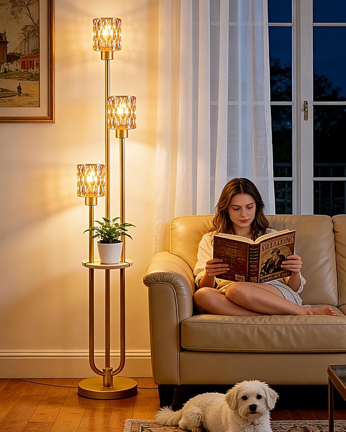 3-Light Modern Glass Floor Lamp with Shelf, Gold Tall Standing Lamp with Amber Flower Glass Shade, Industrial LED Floor Lamp with Foot Switch for Living Room Bedroom Home Decor, Bulb Included