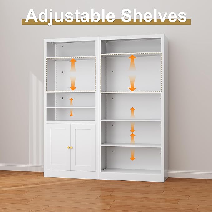 Bookshelves and Bookcases, 5 Shelf Bookcase for Home Office Library Living Room, Metal Bookcase with Adjustable Shelves. Set of 2