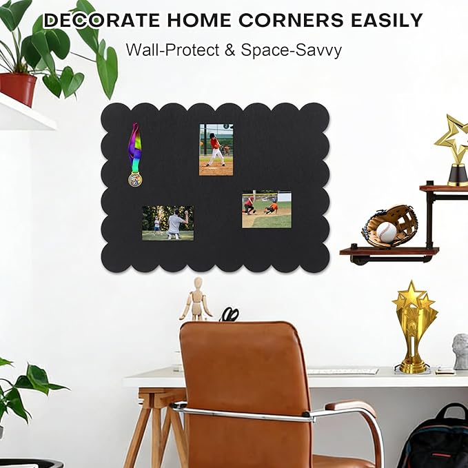 Scalloped Felt Bulletin Board, 36 x 24 Inches Foldable Pin Cork Board with 20 Pushpins - Decorative Cork Alternative for Wall, 3' x 2' Trifold Picture Self Adhesive Vision Prayer Board - Black
