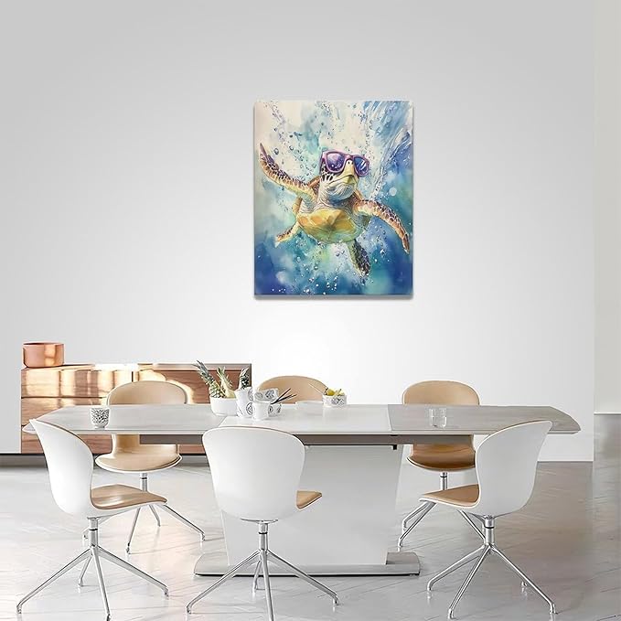 Sea Turtle Bathroom Decor Funny Turtle Ocean Bathroom Wall Art Sea Turtle Nautical Pictures Prints Turtles Gift Painting Sea Turtles Framed Artwork for Bedroom Living Room 16"x20"