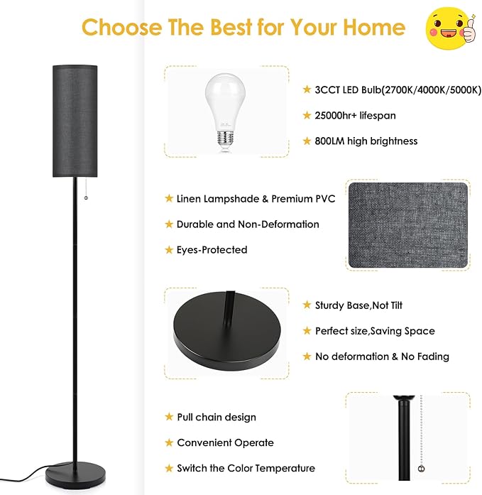Floor Lamp for Living Room, 3 Color Temperature Modern Standing Lamps, Minimalist Floor Lights for Bedroom, Office, Reading,Black