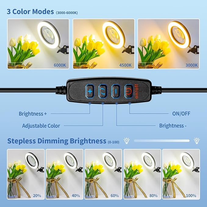 HITTI 10X Magnifying Glass with Light and Stand, Stepless Dimming 3 Color Modes LED Magnifier Lighted Glass, Hands Free Desk Lamp with Clamp for Reading Repair Crafts Close Work