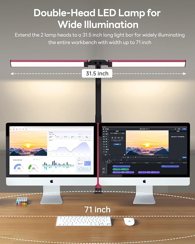 LED Desk Lamp for Home Office, Eye-Caring Desk Light with Clamp, Stepless Dimming 24W Double Head Architect Task Lamp with Remote Control, Flexible Arm for Working Studying Reading Drafting（RED)