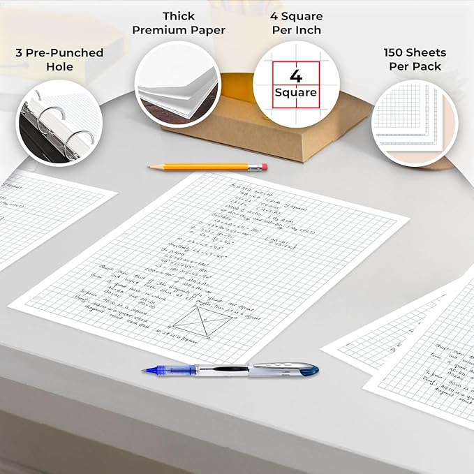 Rosmonde Loose Leaf Paper Bulk, 3600 Sheets, 24 Pack, Quad Ruled Sheets, 8" x 10.5", Bulk Notebook Papers, 3 Hole Punched, Graph Ruled Filler Paper for Binders, 150 Sheets/Pack, School Supplies, White
