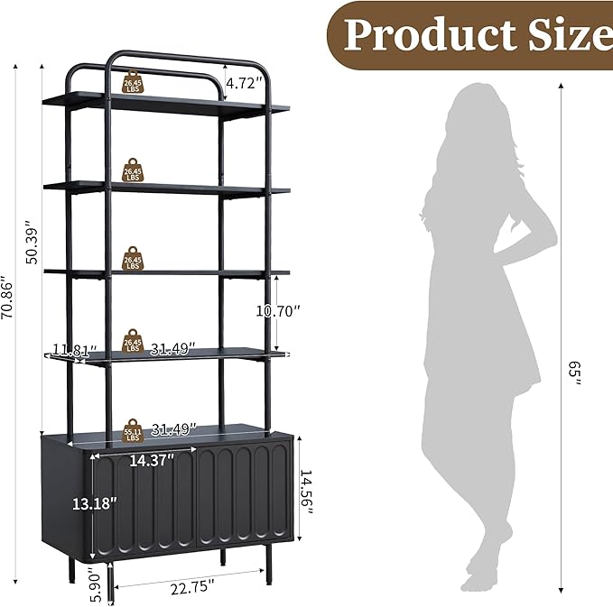 71" Tall Bookshelf with Door, 6-Tier Bookcase Modern Metal Book Shelf with Open Shelves & Adjustable Footpad Freestanding Storage Cabinet for Living Room, Home Office (Black)
