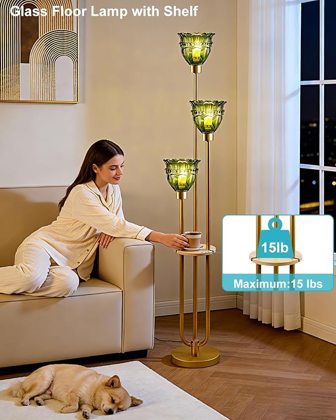 Lightdot 3-Lights Glass Floor Lamp for Living Room Mid Century Modern Gold Floor Lamp with Green Glass Shade & 3000K Bulbs Included Tall Standing Lamp for Bedroom/Sofa Beside/Corner Decor