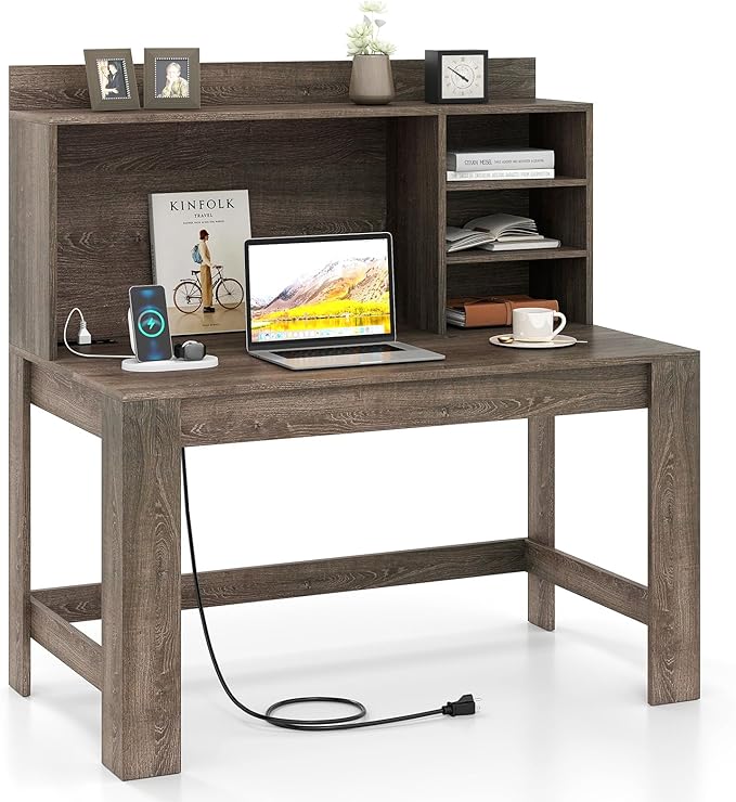 Giantex Computer Desk with Hutch, Modern Home Office Desk with Power Outlets, Storage Shelves & Cable Hole, Makeup Vanity Table, Study Writing Desk for Bedroom Office Small Space (Grey Oak)