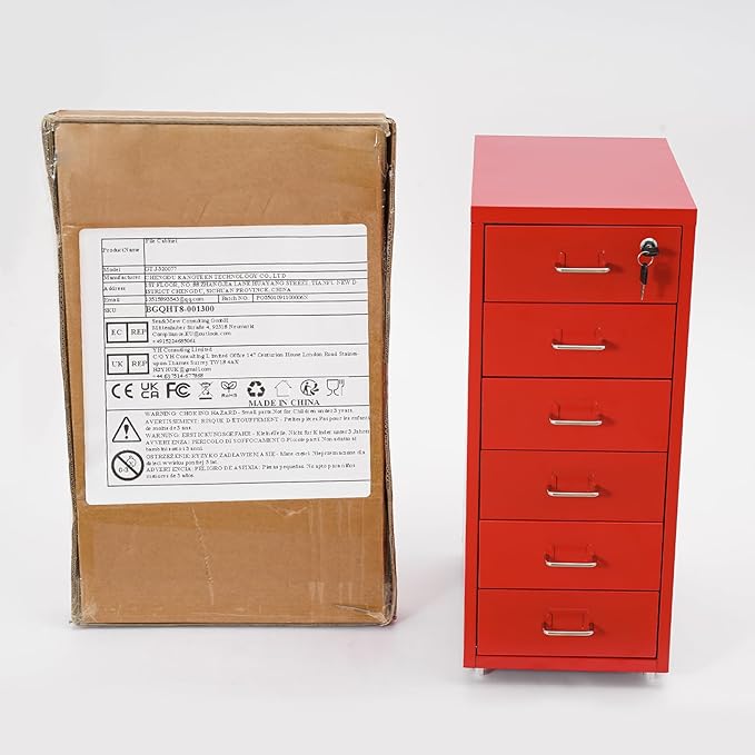 6 Tiers Vertical File Cabinet, Metal File Cabinet with Lock & Wheels for Files, Documents, Freestanding Filing Cabinet for Office Home, Multiple Colors Available (Red)