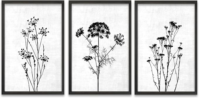 TQianJiang Flower Plant Wall Decor 24"x16" Black And White Botanical Painting Wood Framed Set of 3 Bedroom Office Abstract Wildflower Sign Hanging Art (Black)