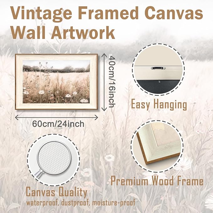 ASTRDECOR Framed Nature Wall Art Prints, Vintage Wildflower Field Landscape Canvas Wall Art Bedroom, Autumn Oil Painting Botanical Artwork, Plant Pictures Farmhouse Wall Decor Living Room - 16''x24''