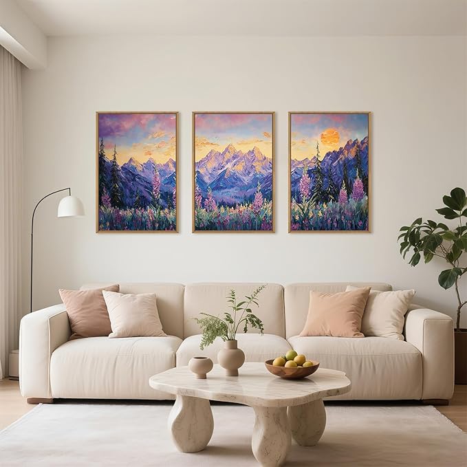 HOURIA Vintage Purple Mountain Landscape Framed Canvas Wall Art Set,Watercolor Boho Floral Tree Wall Decor,Modern Natural Soft Sunlight Field Artwork for Living Room, Bedroom,Farmhouse-24 x36 x3