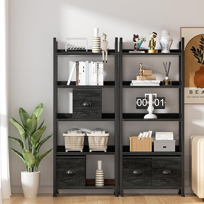 Furologee 5-Tier Bookshelf, Tall Bookcase with 2 Storage Drawers, Industrial Display Standing Shelf Units, Wood and Metal Storage Shelf for Living Room, Bedroom, Home Office, Black Oak